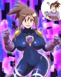 Rule 34 | !?, 1girl, ?, absurdres, alternate eye color, artist request, before and after, blush, bodysuit, breasts, brown eyes, brown hair, corruption, cosplay, covered navel, crossover, curvy, dark megaman.exe (cosplay), electricity, embarrassed, gloves, highres, hope stelar (mega man), large breasts, lips, long hair, looking at viewer, mega man (series), mega man battle network, mega man star force, nervous smile, netnavi, ponytail, purple background, red eyes, shaded face, shiny clothes, shiny skin, skin tight, smile, surprised, transformation