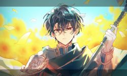Rule 34 | 1boy, black hair, blue background, cape, closed mouth, frown, holding, holding weapon, long sleeves, looking at viewer, mahoutsukai no yakusoku, male focus, multicolored background, naruta iyo, red eyes, scythe, shino sherwood, short hair, solo, weapon, yellow background