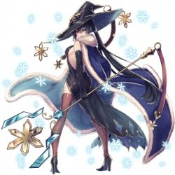 Rule 34 | 1girl, backless outfit, black dress, black footwear, black gloves, black hair, blue coat, blush, coat, dress, gloves, hat, high heels, kyara36, long hair, looking at viewer, looking back, original, snowflakes, solo, thighhighs, witch, witch hat