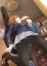Rule 34 | 1girl, bag, black pantyhose, blazer, blush, bread, brown eyes, brown hair, feet, food, from below, green panties, guitar case, hair ornament, hairclip, hands on feet, highres, hirasawa yui, hpflower, instrument case, jacket, k-on!, loafers, mouth hold, panties, panties under pantyhose, pantyhose, pantyshot, pleated skirt, putting on shoes, ribbon, school bag, school uniform, shoes, short hair, skirt, solo, underwear, upskirt