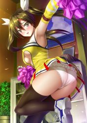 Rule 34 | 10s, 1girl, armpits, ass, black thighhighs, breasts, brown eyes, brown hair, cheerleader, clothing cutout, commentary request, dress, elbow gloves, gloves, hair ribbon, kantai collection, large breasts, long hair, looking at viewer, no bra, open mouth, outstretched arm, panties, pom pom (cheerleading), ribbon, shibata rai, shoes, sideboob, sleeveless, sleeveless dress, smile, sneakers, solo, standing, standing on one leg, thighhighs, thighs, tone (kancolle), twintails, underboob, underboob cutout, underwear, upskirt, very long hair, white panties, yellow dress, yellow gloves