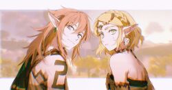 Rule 34 | 1boy, 1girl, archaic set (zelda), bare shoulders, blonde hair, blue eyes, blurry, blurry background, braid, chinese commentary, closed mouth, cloud, cloudy sky, commentary, crown braid, earrings, green eyes, hair between eyes, headpiece, highres, jewelry, ji yuyun, link, long hair, looking at viewer, looking back, mountain, nintendo, official alternate hair length, official alternate hairstyle, outdoors, parted bangs, parted lips, pointy ears, princess zelda, short hair, shoulder tattoo, sidelocks, sky, smile, tattoo, the legend of zelda, the legend of zelda: tears of the kingdom, tree, upper body