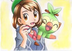 Rule 34 | 1girl, :d, bob cut, brown eyes, brown hair, buttons, cable knit, cardigan, collarbone, collared dress, commentary request, creatures (company), dress, eyelashes, game freak, gen 8 pokemon, gloria (pokemon), green headwear, grey cardigan, grookey, hand up, hat, highres, holding, holding poke ball, hooded cardigan, looking at viewer, nintendo, oka mochi, on shoulder, open mouth, pink dress, poke ball, poke ball (basic), pokemon, pokemon (creature), pokemon on shoulder, pokemon swsh, short hair, smile, tam o&#039; shanter, tongue, traditional media, upper body, yellow background