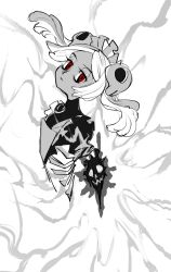 Rule 34 | 1girl, apron, bloody marie (skullgirls), brooch, frilled apron, frills, grey hair, greyscale, hair ornament, highres, jewelry, looking at viewer, maid headdress, monochrome, nagashima256, red eyes, ribs, skeleton, skull hair ornament, skull heart, skullgirls, solo, spot color, twintails, upper body
