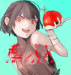Rule 34 | 1girl, bandaged arm, bandages, breasts, choujin x, etain (e t a i n), food, fruit, holding, holding food, holding fruit, japanese clothes, light blue background, looking at viewer, open mouth, otta ely (choujin x), red eyes, sarashi, short hair, simple background, small breasts, smile, solo, tomato