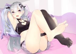 Rule 34 | 1girl, absurdres, arm behind head, barefoot, black socks, blush, breasts, cleavage, fang, feet, hair ornament, hairclip, highres, hourei tenten, large breasts, long hair, looking at viewer, medium breasts, melty+, open mouth, purple eyes, see-through, see-through legwear, silver hair, single sock, socks, soles, solo, toes, twintails, virtual youtuber