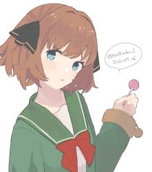 Rule 34 | 1girl, black ribbon, blue eyes, brown hair, candy, dated, food, green jacket, green sailor collar, hachijou (kancolle), hair ribbon, holding, holding candy, holding food, holding lollipop, ichiroku (sakumogu-029), jacket, kantai collection, lollipop, long sleeves, one-hour drawing challenge, parted lips, pom pom (clothes), ribbon, sailor collar, short hair, simple background, solo, twitter username, upper body, white background