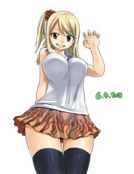 Rule 34 | 1girl, 2018, arm behind back, black thighhighs, blonde hair, blouse, breasts, brown eyes, collarbone, cowboy shot, dated, dress, earrings, fairy tail, from below, grin, hair between eyes, hair ornament, jewelry, large breasts, long hair, looking at viewer, lucy heartfilia, mashima hiro, miniskirt, official art, orange skirt, print skirt, shirt, side ponytail, simple background, sketch, skirt, sleeveless, sleeveless dress, sleeveless shirt, smile, solo, standing, swept bangs, thighhighs, white background, white shirt, zettai ryouiki