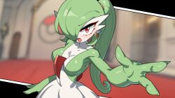 Rule 34 | 1girl, alternate hair length, alternate hairstyle, arm at side, arm up, blurry, blurry background, blush, breasts, collarbone, colored skin, creatures (company), drunkoak, dutch angle, earrings, female focus, game freak, gardevoir, gen 3 pokemon, green hair, green skin, hair over one eye, highres, indoors, jewelry, long hair, looking at viewer, medium breasts, multicolored skin, nintendo, one eye covered, open mouth, personification, poke ball symbol, pokemon, pokemon (creature), ponytail, red eyes, shiny skin, solo, standing, two-tone skin, upper body, v-shaped eyebrows, white skin