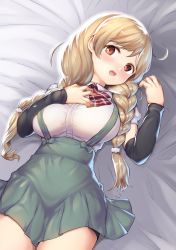 Rule 34 | 1girl, arm warmers, bed, bike shorts, black shorts, bow, bowtie, braid, breasts, brown eyes, cloud hair ornament, commentary request, kantai collection, large breasts, light brown hair, long hair, looking at viewer, lying, minegumo (kancolle), open mouth, plaid, plaid bow, plaid bowtie, plaid neckwear, pleated skirt, red bow, red bowtie, red eyes, sakimori dan, school uniform, shirt, shorts, shorts under skirt, skirt, solo, suspenders, twin braids, white shirt