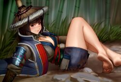 Rule 34 | 1girl, absurdres, armor, bamboo, bamboo forest, barefoot, blush, breasts, brown eyes, brown hair, cleavage, commentary, dirty, dirty clothes, dirty feet, english commentary, feet, for honor, forest, gourd, hat, highres, japanese armor, kairunoburogu, kote, large breasts, legs, legs together, light smile, lips, looking at viewer, medium hair, mud, nature, nobushi (for honor), obi, on ground, red rope, rice hat, ronin, rope, rope belt, sash, soles, solo, thighs, toes