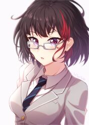 Rule 34 | 1girl, alternate breast size, bang dream!, bespectacled, black hair, blazer, blue necktie, breasts, buttons, collared shirt, commentary, diagonal-striped clothes, diagonal-striped necktie, english commentary, glasses, grey-framed eyewear, grey jacket, highres, jacket, looking at viewer, medium breasts, mitake ran, multicolored hair, necktie, parted lips, purple eyes, rectangular eyewear, red hair, school uniform, shirt, short hair, simple background, solo, sonyaneko, streaked hair, striped clothes, striped necktie, tsurime, two-tone hair, upper body, white background, white shirt
