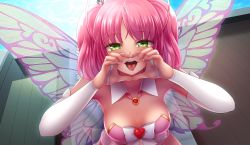 Rule 34 | 1girl, blush, breasts, game cg, green eyes, half-closed eyes, heart, heart hands, heart necklace, highres, hunie (series), huniepop 2, jewelry, kyu sugardust, looking up, necklace, ninamo, official art, pink hair, pink nails, presenting, presenting mouth, teeth, tongue, tongue out, upper teeth only, wings