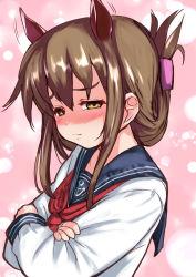 Rule 34 | 1girl, absurdres, anchor symbol, animal ears, black sailor collar, blush, brown eyes, brown hair, commentary request, crossed arms, folded ponytail, highres, horse ears, inazuma (kancolle), kantai collection, long hair, long sleeves, looking at viewer, neckerchief, nose blush, nukoyarou, pink background, red neckerchief, sailor collar, school uniform, serafuku, shaded face, smile, solo, upper body