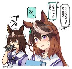 Rule 34 | 2girls, animal ears, blue bow, blue bowtie, bow, bowtie, brown hair, can, canned coffee, commentary request, drink can, horse ears, horse girl, horse tail, ido (teketeke), long hair, multicolored hair, multiple girls, purple eyes, sailor collar, school uniform, serafuku, sirius symboli (umamusume), spit take, spitting, symboli rudolf (umamusume), tail, tracen school uniform, translation request, umamusume, upper body, white hair, white sailor collar