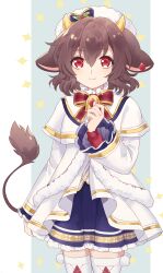Rule 34 | 1girl, animal ears, bell, blue skirt, bow, brown hair, closed mouth, clothing request, cow ears, cow girl, cow horns, cow tail, hat, highres, holmy (show by rock!!), horns, jacket, long sleeves, looking at viewer, mel6969, neck bell, red bow, red eyes, short hair, show by rock!!, skirt, smile, solo, tail, white jacket