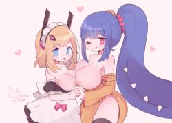 Rule 34 | 2girls, ;q, aliceyawnin, asymmetrical docking, blonde hair, blue eyes, blue hair, blush, breast press, breasts, dated, hair ornament, highres, large breasts, long hair, looking at viewer, maid, maid headdress, medium breasts, multiple girls, nipples, one eye closed, open mouth, original, ponytail, red eyes, smile, tongue, tongue out, very long hair, yuri
