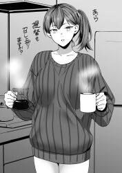 Rule 34 | 1girl, alternate costume, coffee pot, commentary request, cowboy shot, cup, dress, greyscale, highres, kaga (kancolle), kantai collection, kettle, kitchen, long hair, looking at viewer, monochrome, mug, parted lips, ribbed sweater, shingyou (alexander-13), side ponytail, solo, stove, sweater, sweater dress, translation request