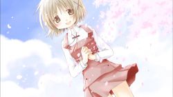Rule 34 | 1girl, aoki ume, blue sky, blush, brown eyes, brown hair, cherry blossoms, cloud, day, hair ornament, hairpin, hidamari sketch, long sleeves, looking at viewer, miniskirt, official art, open mouth, own hands together, red skirt, school uniform, short hair, skirt, sky, smile, solo, yuno (hidamari sketch)