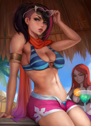 Rule 34 | 2girls, bikini, bikini top only, blue eyes, fiora (league of legends), highres, kittew, league of legends, multicolored hair, multiple girls, navel, pool party fiora, purple hair, riot games, swimsuit, swimsuit under clothes, toned