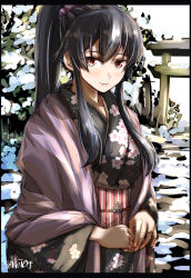 Rule 34 | 1girl, alternate costume, anchor, artist name, black border, black hair, black kimono, border, breasts, closed mouth, day, floral print, highres, japanese clothes, jewelry, kantai collection, kimono, lips, long hair, long sleeves, looking at viewer, medium breasts, outdoors, own hands together, ponytail, print kimono, red eyes, ring, sash, seitei (04seitei), sidelocks, sketch, smile, snow, solo, striped, torii, vertical stripes, wedding band, wide sleeves, winter, yahagi (kancolle)