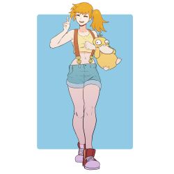 Rule 34 | absurdres, creatures (company), curvy, ears, eyelashes, game freak, gen 1 pokemon, gym leader, highres, legs, looking at another, misty (pokemon), navel, nintendo, orange hair, pokemon, pokemon (anime), pokemon (classic anime), psyduck, shirt, shorts, simple background, smile, telepurte, thick thighs, thighs, v, wide hips, yellow shirt
