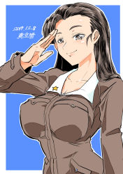 Rule 34 | 1girl, absurdres, artist name, asymmetrical bangs, blue background, breasts, brown eyes, brown hair, brown jacket, chi-hatan military uniform, closed mouth, commentary, dated, girls und panzer, half-closed eyes, highres, jacket, large breasts, long hair, long sleeves, looking at viewer, military, military uniform, nishi kinuyo, outline, outside border, salute, shinkuukan (tetsuo3), signature, smile, solo, star (symbol), uniform, upper body, white outline