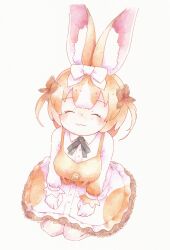 Rule 34 | 1girl, :3, absurdres, animal ears, black bow, black bowtie, blush, bow, bowtie, brown bow, brown dress, brown hair, closed eyes, collared shirt, domestic rabbit (kemono friends), dress, frilled dress, frilled sleeves, frills, hair between eyes, hair bow, hands on own knees, highres, japari symbol, kemono friends, light brown hair, long sleeves, mitsuhashi (mtsu84), multicolored hair, pantyhose, puffy sleeves, rabbit ears, rabbit girl, seiza, shirt, sidelocks, sitting, solo, two-tone dress, two-tone hair, white bow, white dress, white pantyhose, white shirt