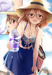 Rule 34 | 1girl, :d, araki hina, bag, blue dress, blush, bottle, breasts, brown hair, cleavage, collarbone, commentary request, dress, glasses, highres, holding, holding bottle, idolmaster, idolmaster cinderella girls, idolmaster cinderella girls starlight stage, indirect kiss, key, large breasts, light blush, looking at viewer, mk (mod0), open mouth, red eyes, religious offering, semi-rimless eyewear, short hair, shoulder bag, sleeveless, sleeveless dress, smile, solo, under-rim eyewear, water bottle