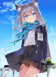 Rule 34 | 1girl, absurdres, animal ear fluff, animal ears, black jacket, black skirt, blazer, blue archive, blue sky, breast pocket, extra ears, fox ears, fringe trim, gloves, grey hair, hair ornament, halo, high-waist skirt, highres, id card, ion (on01e), jacket, long hair, long sleeves, looking at viewer, miniskirt, open clothes, open jacket, outdoors, parted lips, plaid, plaid skirt, pleated skirt, pocket, scarf, school uniform, shiroko (blue archive), shirt, shirt tucked in, skirt, sky, solo, thighs, white shirt, x hair ornament