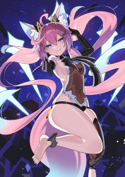 Rule 34 | 1girl, animal ear fluff, animal ears, barefoot, black gloves, blue eyes, breasts, commission, covered navel, elbow gloves, falken (yutozin), gloves, hair between eyes, hair ornament, highres, legs, looking at viewer, medium breasts, original, pink hair, skeb commission, smile, solo, tail, thick thighs, thighs, toes, twintails