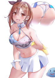 Rule 34 | 1girl, :d, absurdres, akuakuran, alternate costume, arm behind back, ass, atelier (series), atelier ryza, black hairband, blue archive, breasts, brown eyes, brown hair, cheerleader, cleavage, cosplay, crop top, dangle earrings, detached collar, drooling, earrings, hair between eyes, hairband, hibiki (blue archive), highres, holding, holding pom poms, jewelry, large breasts, multiple views, navel, open mouth, panties, pantyshot, pleated skirt, pom pom (cheerleading), pom poms, puni (atelier), reisalin stout, short hair, skirt, sleeveless, slime (creature), smile, underwear, white background, white panties, white skirt