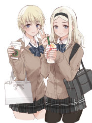 Rule 34 | 10s, 2girls, aleksandra i. pokryshkin, alternate costume, bad id, bad pixiv id, bag, black pantyhose, blonde hair, blue eyes, brand name imitation, brave witches, cardigan, coffee, coffee cup, commentary, cup, disposable cup, drinking straw, hairband, highres, holding, holding cup, kento1102, long hair, looking at viewer, multiple girls, nail polish, nikka edvardine katajainen, open collar, pantyhose, pink nails, plaid, plaid skirt, pleated skirt, school uniform, shopping bag, short hair, simple background, skirt, sleeves past wrists, starbucks, strike witches, v, white background, world witches series