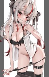 Rule 34 | 1girl, absurdres, bare arms, black bra, black panties, blush, bra, breasts, cleavage, commentary, fingernails, hair ornament, highres, hololive, horns, long hair, looking at viewer, medium breasts, multicolored hair, nail polish, nakiri ayame, nakiri ayame (streetwear), navel, official alternate costume, official alternate hairstyle, oni, open clothes, open shirt, panties, panty pull, pulling own clothes, red hair, red nails, scarlet (wv0102), shirt, simple background, single off shoulder, skin-covered horns, smile, solo, streaked hair, symbol-only commentary, thigh strap, twintails, underwear, virtual youtuber, white background, white hair, white shirt