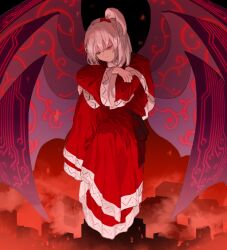 Rule 34 | capelet, dress, hair bobbles, hair ornament, highres, kaigen 1025, long sleeves, multiple wings, mystic square, one side up, purple wings, red capelet, red dress, shinki (touhou), short hair, side ponytail, smile, touhou, touhou (pc-98), white hair, wide sleeves, wings