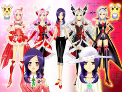 Rule 34 | 6+girls, alternate color, alternate universe, black dress, black gloves, blazer, blush, boots, breasts, casual, chiffon (fresh precure!), choker, cleavage, corruption, cosplay, cure passion, cure peach, cure peach (cosplay), dark persona, dress, dual persona, earrings, eas (fresh precure!), fresh precure!, gloves, gradient background, hair ornament, happy, hat, heart, heart hair ornament, higashi setsuna, high heels, jacket, jewelry, long hair, looking at viewer, luna rune, magical girl, multiple girls, multiple persona, necktie, open mouth, pink hair, precure, purple hair, red background, red eyes, school uniform, shirt, shoes, short hair, shorts, silver hair, skirt, smile, spade, thighhighs, thighs