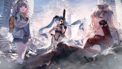Rule 34 | 3girls, admi (nikke), backpack, bag, black gloves, blue hair, bow, bowtie, breasts, building, cleavage, closed mouth, clothing cutout, collarbone, crossed legs, fireworks, floating hair, formal, frilled skirt, frills, gloves, goddess of victory: nikke, grey hair, gun, hair between eyes, hair ornament, hand on own face, hand on own hip, hand on own shoulder, hat, highleg, highleg leotard, highres, holding, holding gun, holding weapon, hood, hoodie, large breasts, leotard, long hair, military, military uniform, multiple girls, navel cutout, open clothes, open hoodie, open mouth, outdoors, pleated skirt, privaty (nikke), ruins, school uniform, short hair, skin tight, skirt, sky, sousou (sousouworks), suit, sweater, twintails, uniform, weapon, yellow bow, yellow bowtie, yellow eyes, yulha (nikke)