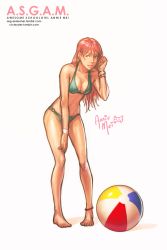 Rule 34 | 1girl, anklet, annie mei, annie mei project, ball, barefoot, beachball, bikini, breasts, caleb thomas, character name, cleavage, green bikini, green eyes, highres, jewelry, leaning forward, long hair, original, pigeon-toed, pink hair, solo, swimsuit, watch, wristband, wristwatch