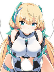 Rule 34 | 1girl, ahoge, all fours, angela balzac, aqua eyes, armor, backlighting, bad id, bad pixiv id, bare shoulders, blonde hair, blunt bangs, blush, breasts, elbow gloves, engiyoshi, gem, gloves, hair between eyes, hair ornament, headgear, highres, large breasts, leotard, light smile, long hair, looking at viewer, low twintails, rakuen tsuihou, simple background, smile, solo, spread legs, thigh strap, twintails, vambraces, very long hair, white background