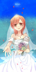 Rule 34 | 1girl, bare shoulders, bouquet, bridal veil, bride, brown eyes, dress, fate/zero, fate (series), flower, jewelry, necklace, orbe, outstretched hand, petals, red hair, short hair, sola-ui nuada-re sophia-ri, solo, veil, wedding dress