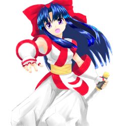 Rule 34 | 1girl, ainu clothes, black hair, breasts, fingerless gloves, gloves, hair ribbon, highres, legs, long hair, nakoruru, open mouth, pants, purple eyes, ribbon, samurai spirits, small breasts, solo, the king of fighters, thighs, weapon