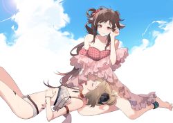 Rule 34 | 2girls, absurdres, arknights, azure silan, bare shoulders, barefoot, bikini, blue sky, breasts, brown hair, cleavage, closed mouth, cloud, cloudy sky, day, detached sleeves, closed eyes, eyjafjalla (arknights), eyjafjalla (summer flower) (arknights), hand up, highres, horns, ifrit (arknights), ifrit (sunburn) (arknights), knees up, lap pillow, long hair, lying, medium breasts, multiple girls, navel, on back, open mouth, outdoors, puffy short sleeves, puffy sleeves, red bikini, red eyes, red sleeves, short sleeves, sitting, sky, small breasts, smile, swimsuit, very long hair, white bikini, yokozuwari