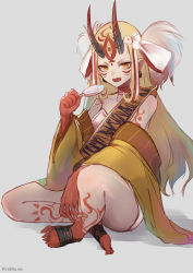 Rule 34 | 1girl, bad id, bad pixiv id, bandages, blonde hair, candy, fate/grand order, fate (series), feet, food, foot wraps, highres, horns, ibaraki douji (fate), lollipop, looking at viewer, monster girl, oni, open mouth, pointy ears, sitting, tattoo, white background, yellow eyes, yukihama