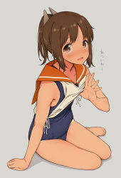 Rule 34 | 10s, 1girl, arm support, bad id, bad pixiv id, bare shoulders, barefoot, blush, brown eyes, brown hair, clothes lift, i-401 (kancolle), kantai collection, looking at viewer, one-piece swimsuit, open mouth, ponytail, sabo1038, sailor collar, school swimsuit, school uniform, shirt lift, short hair, short ponytail, sitting, smile, solo, sweat, swimsuit, swimsuit under clothes, tan, tanline, translated, yokozuwari