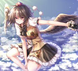 Rule 34 | 1girl, above clouds, artist name, bad id, bad pixiv id, bare legs, black bow, black bowtie, black hair, black nails, black skirt, black wings, blue sky, bow, bowtie, breasts, camera, cloud, commentary, day, feathered wings, feet out of frame, glint, hair between eyes, hat, highres, holding, holding camera, leaf print, light rays, looking at viewer, medium breasts, miniskirt, nail polish, outdoors, outstretched arm, petticoat, pom pom (clothes), pudding (skymint 028), puffy short sleeves, puffy sleeves, red eyes, shameimaru aya, shirt, short hair, short sleeves, signature, skirt, sky, solo, tokin hat, touhou, white shirt, wings