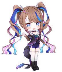 Rule 34 | 1girl, airi kanna, antlers, black footwear, blue eyes, blue hair, blush, boots, breasts, brown hair, brown sleeves, chibi, choker, dragon girl, dragon horns, dragon tail, forehead tattoo, full body, gelulu, hair intakes, heart, heart choker, highres, holding, holding smoking pipe, horns, long hair, long sleeves, looking at viewer, multicolored hair, open mouth, purple hair, simple background, skirt, small breasts, smile, smoking pipe, solo, stellive, streaked hair, swept bangs, tail, teeth, thighhighs, twintails, upper teeth only, very long hair, white background