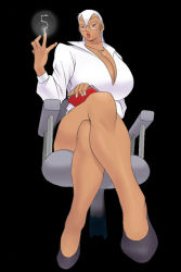 Rule 34 | :o, bad proportions, blue eyes, blush, book, breasts, chair, cleavage, crossed legs, dark skin, eiden, gg quatre, glasses, grinis quatre gricom, huge breasts, jewelry, legs, lipstick, long hair, makeup, mature female, miniskirt, necklace, office chair, office lady, open mouth, shoes, simple background, sitting, skirt, swivel chair, thick thighs, thighs, white hair