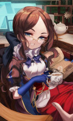 Rule 34 | 1girl, black bow, blue eyes, blue gloves, blush, book, bow, breasts, brown dress, brown hair, chair, coffee, coffee mug, cup, dress, elbow gloves, fate/grand order, fate (series), forehead, glasses, gloves, grin, hair bow, highres, leonardo da vinci (fate), leonardo da vinci (fate/grand order), leonardo da vinci (rider) (fate), long hair, looking at viewer, m0 chi, mug, parted bangs, ponytail, puff and slash sleeves, puffy short sleeves, puffy sleeves, red skirt, short sleeves, sitting, skirt, small breasts, smile, solo focus