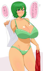 Rule 34 | 1girl, bow, bow panties, bra, breasts, cleavage, unworn clothes, collarbone, commentary request, cowboy shot, curvy, daa (blame2212), eyebrows, green bra, green hair, green panties, groin, highres, holding clothes, holding skirt, huge breasts, kazami yuuka, looking at viewer, midriff, navel, off-shoulder shirt, off shoulder, open mouth, panties, plaid, plaid skirt, red eyes, shirt, short hair, simple background, skirt, strap gap, touhou, translation request, underwear, undressing