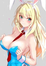 Rule 34 | 1girl, alternate costume, animal ears, atago (kancolle), between breasts, blonde hair, blue eyes, blue leotard, breasts, cleavage, detached collar, grey background, highres, kantai collection, large breasts, leotard, long hair, looking at viewer, necktie, necktie between breasts, nitamako (sakamalh), playboy bunny, rabbit ears, red necktie, side-tie leotard, simple background, solo, strapless, strapless leotard, upper body, wrist cuffs